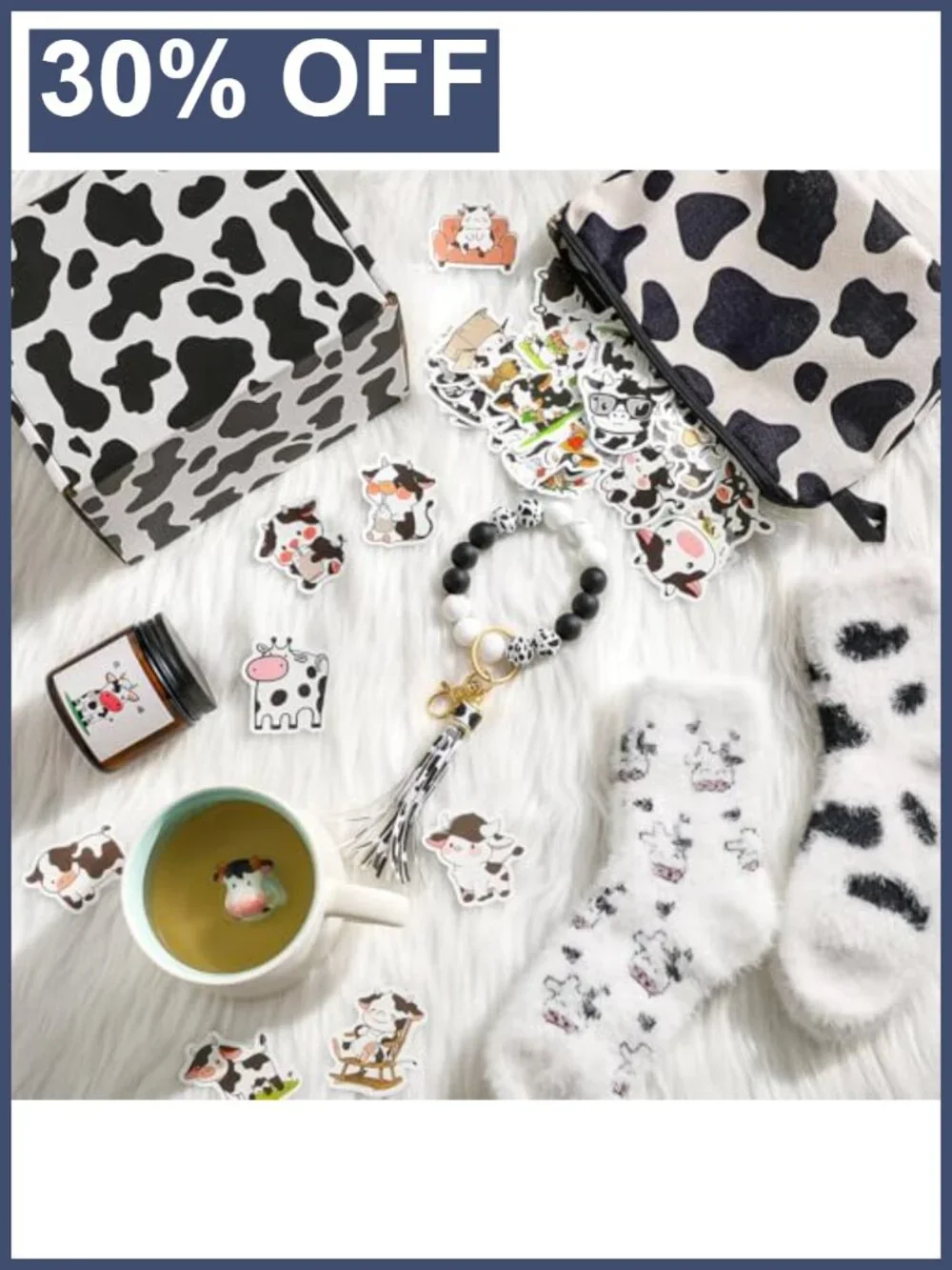 Cow Print Gift Set Makeup Bag Socks Mug Candle Keychain